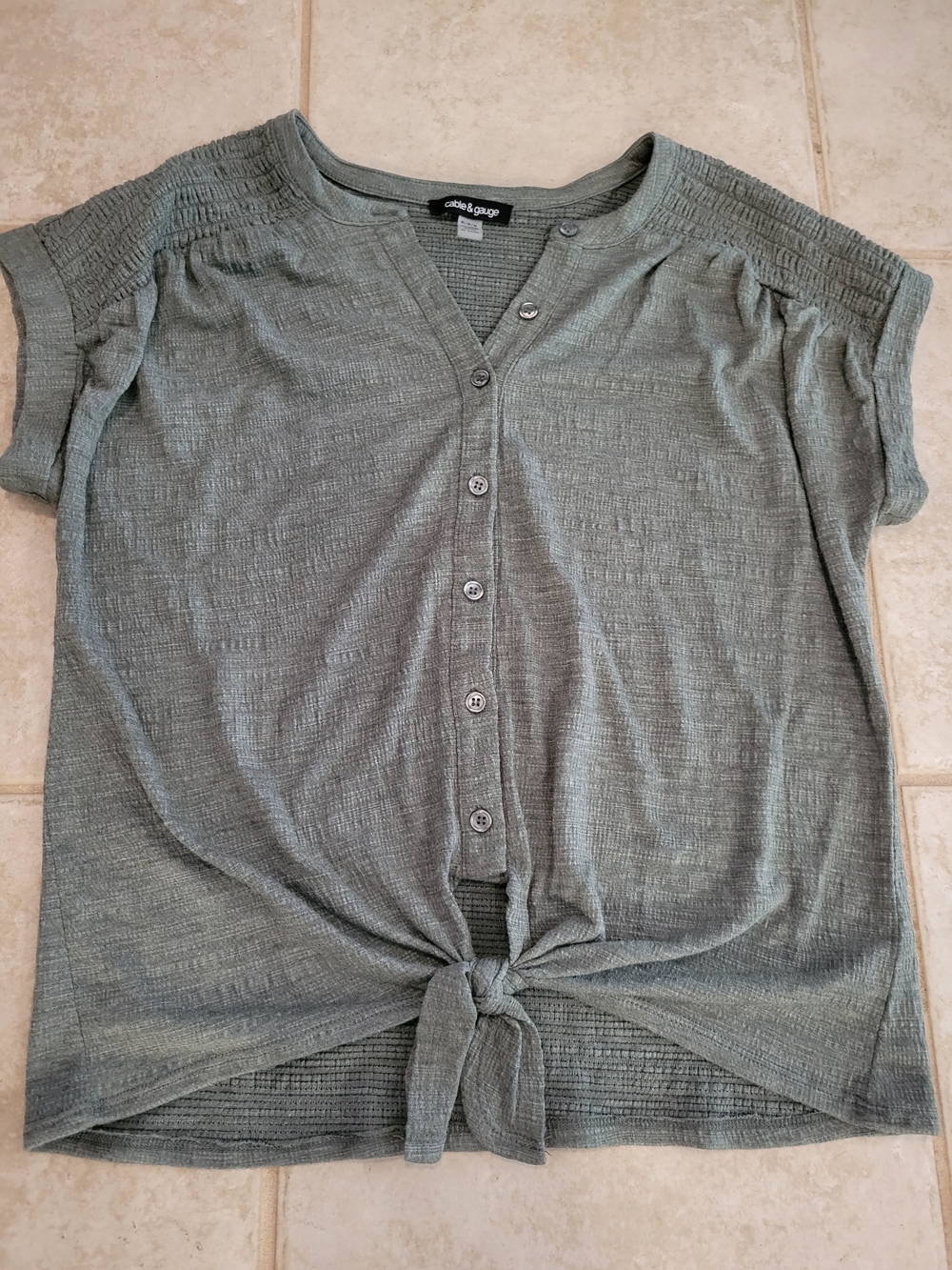 Cable & Gauge Sage Green Button-Front Tie Hem Top